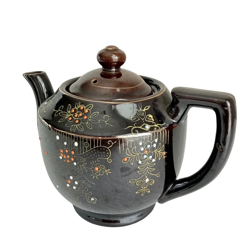 Japan Teapot Vintage Dark Brown Moriage Floral Gold Gilt Ceramic 5.5in 1940s